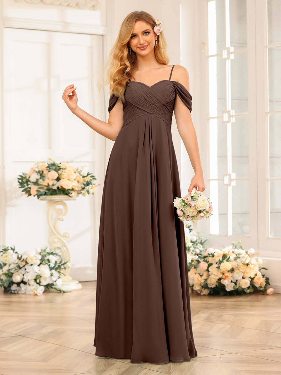 A-Line/Princess Spaghetti Straps Long Wedding Party Dresses with Ruched Brown