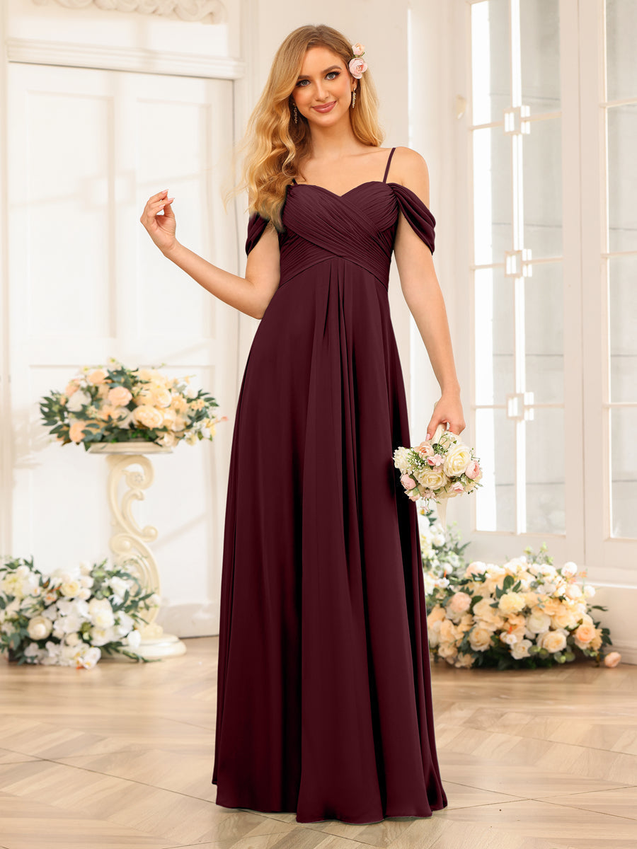 A-Line/Princess Spaghetti Straps Long Wedding Party Dresses with Ruched Burgundy