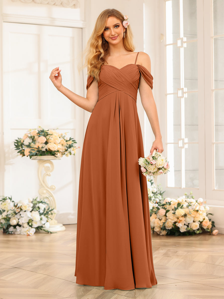 A-Line/Princess Spaghetti Straps Long Wedding Party Dresses with Ruched Burnt Orange