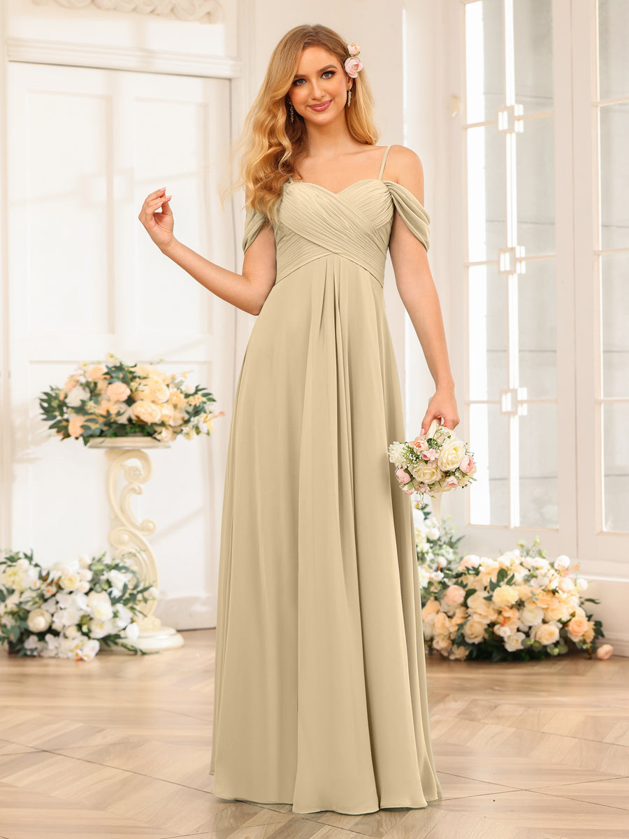A-Line/Princess Spaghetti Straps Long Wedding Party Dresses with Ruched Champagne