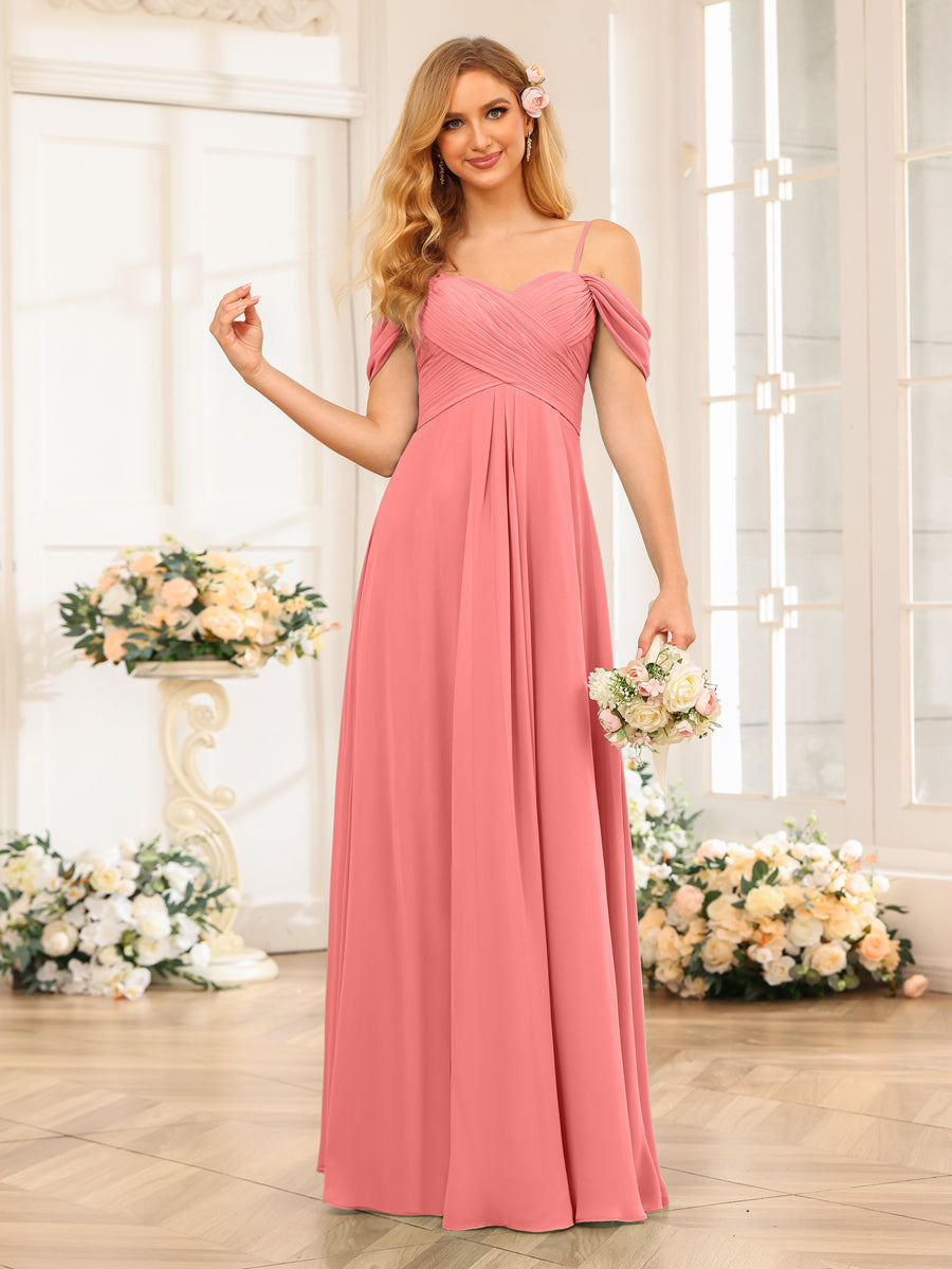 A-Line/Princess Spaghetti Straps Long Wedding Party Dresses with Ruched Coral