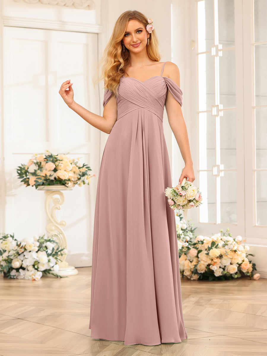 A-Line/Princess Spaghetti Straps Long Wedding Party Dresses with Ruched Dusty Pink