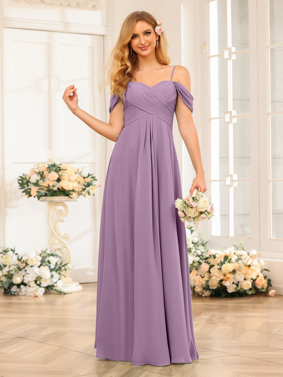 A-Line/Princess Spaghetti Straps Long Wedding Party Dresses with Ruched Dusty Purple