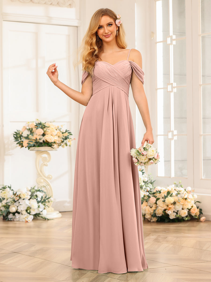A-Line/Princess Spaghetti Straps Long Wedding Party Dresses with Ruched Dusty Rose