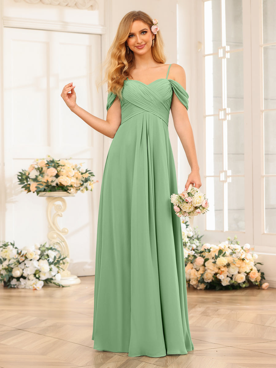 A-Line/Princess Spaghetti Straps Long Wedding Party Dresses with Ruched Dusty Sage