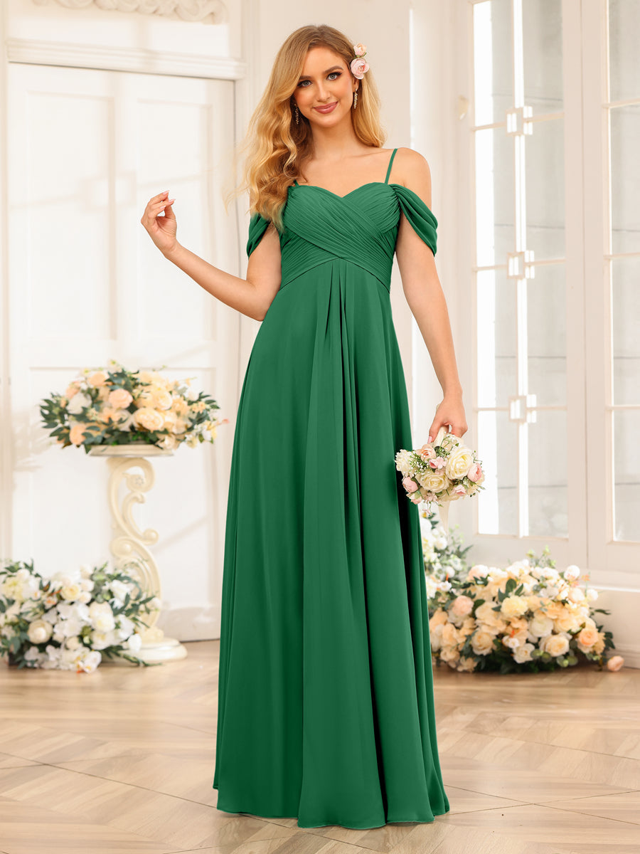 A-Line/Princess Spaghetti Straps Long Wedding Party Dresses with Ruched Emerald