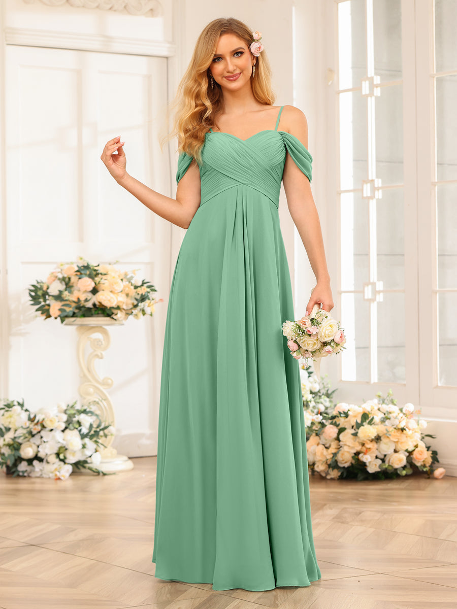 A-Line/Princess Spaghetti Straps Long Wedding Party Dresses with Ruched Eucalyptus