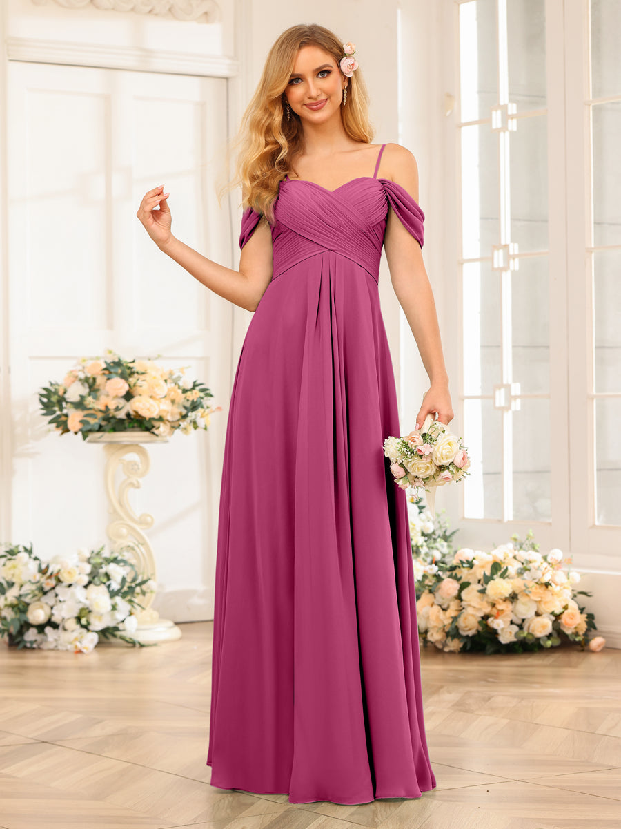 A-Line/Princess Spaghetti Straps Long Wedding Party Dresses with Ruched Fuchsia