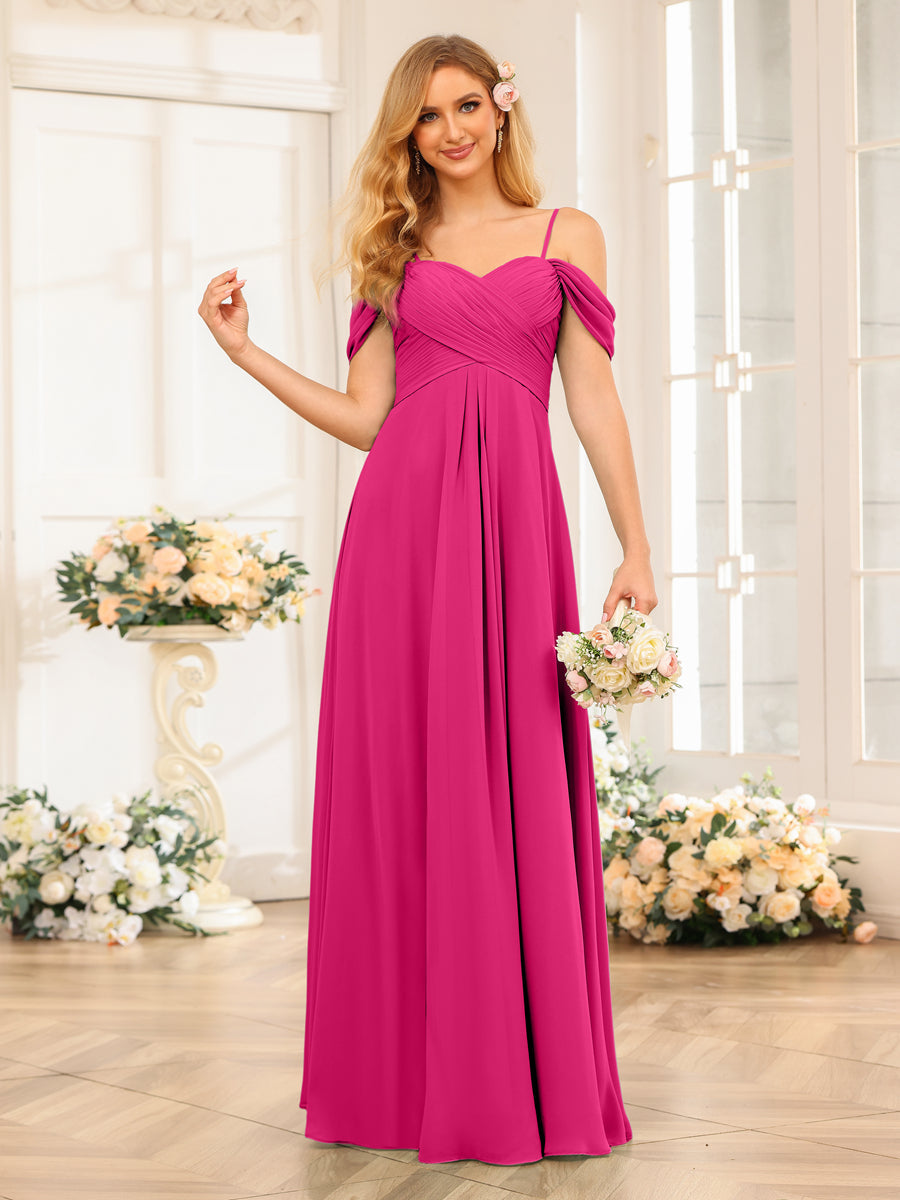 A-Line/Princess Spaghetti Straps Long Wedding Party Dresses with Ruched Fuchsia Pink