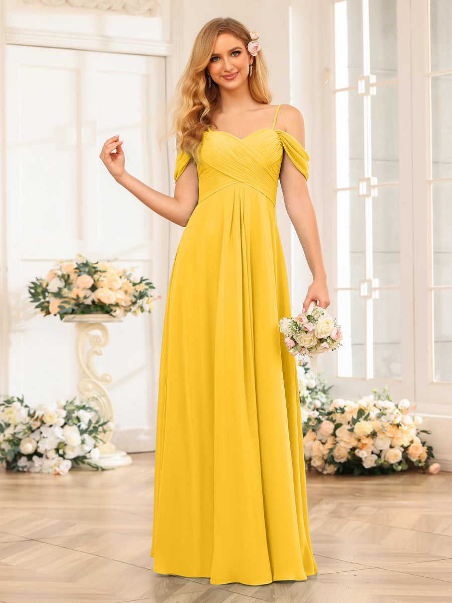 A-Line/Princess Spaghetti Straps Long Wedding Party Dresses with Ruched Gold