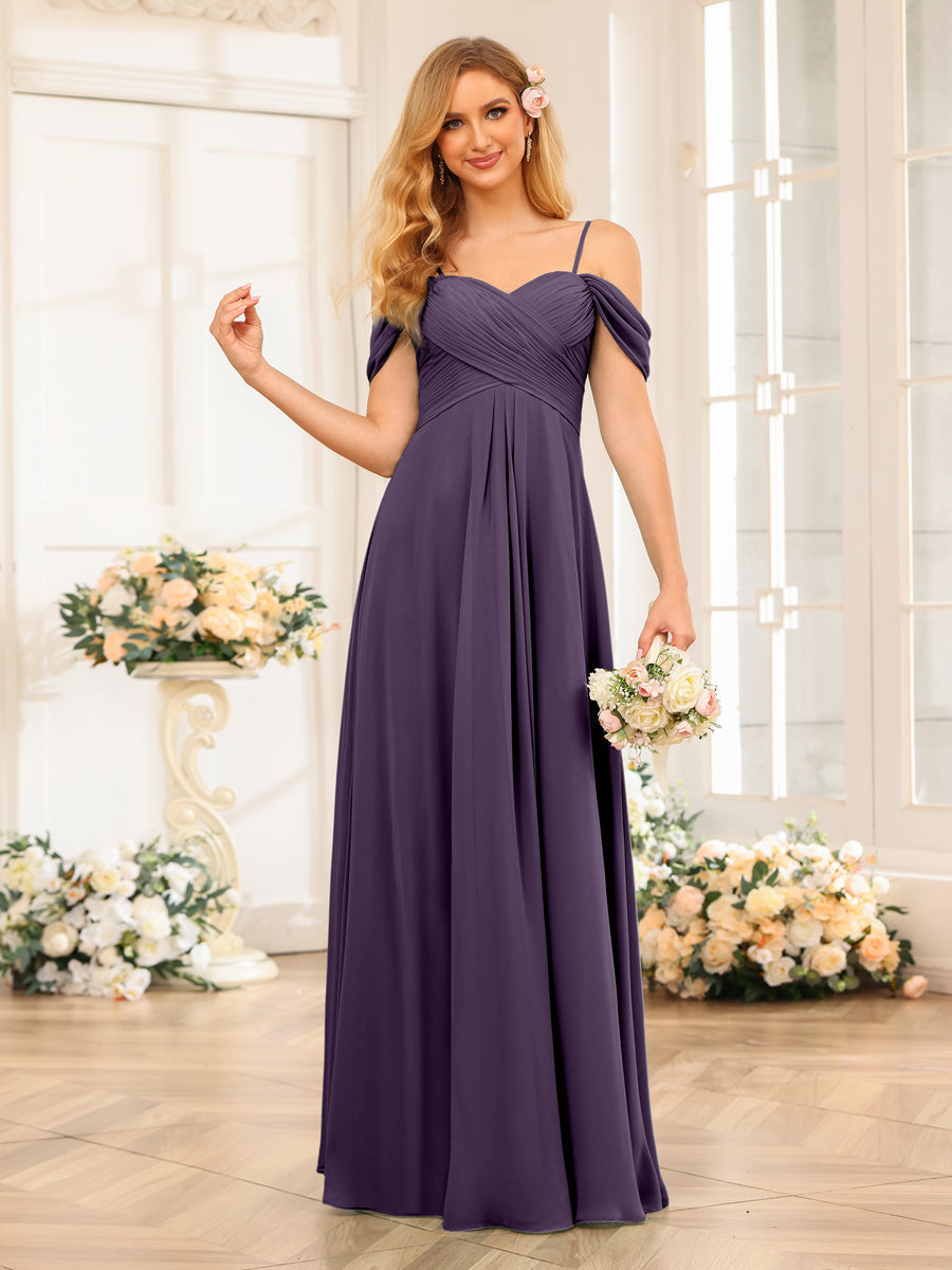 A-Line/Princess Spaghetti Straps Long Wedding Party Dresses with Ruched Grape
