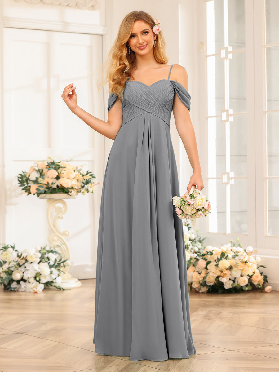 A-Line/Princess Spaghetti Straps Long Wedding Party Dresses with Ruched Gray