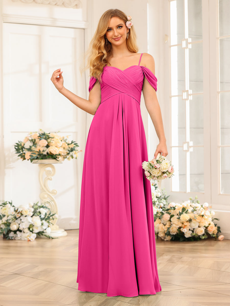 A-Line/Princess Spaghetti Straps Long Wedding Party Dresses with Ruched Hot Pink
