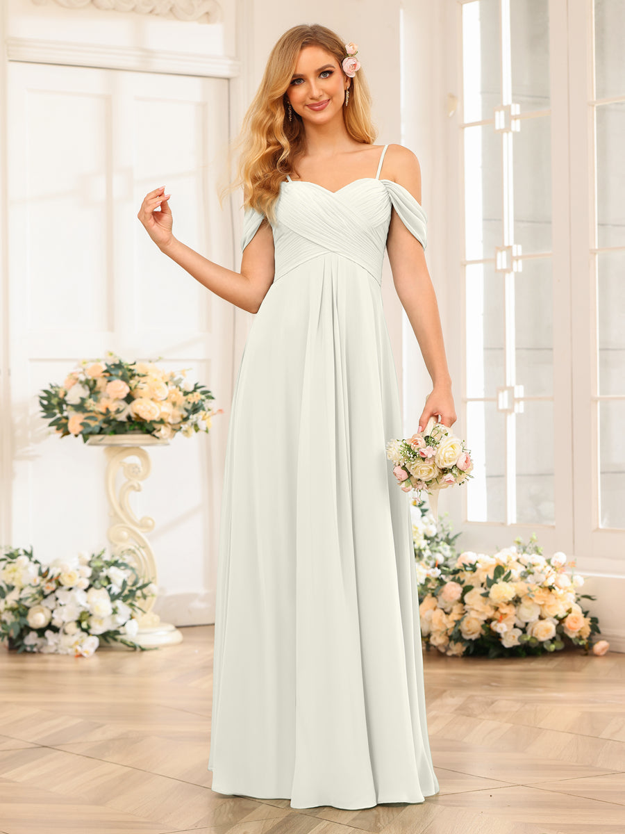 A-Line/Princess Spaghetti Straps Long Wedding Party Dresses with Ruched Ivory
