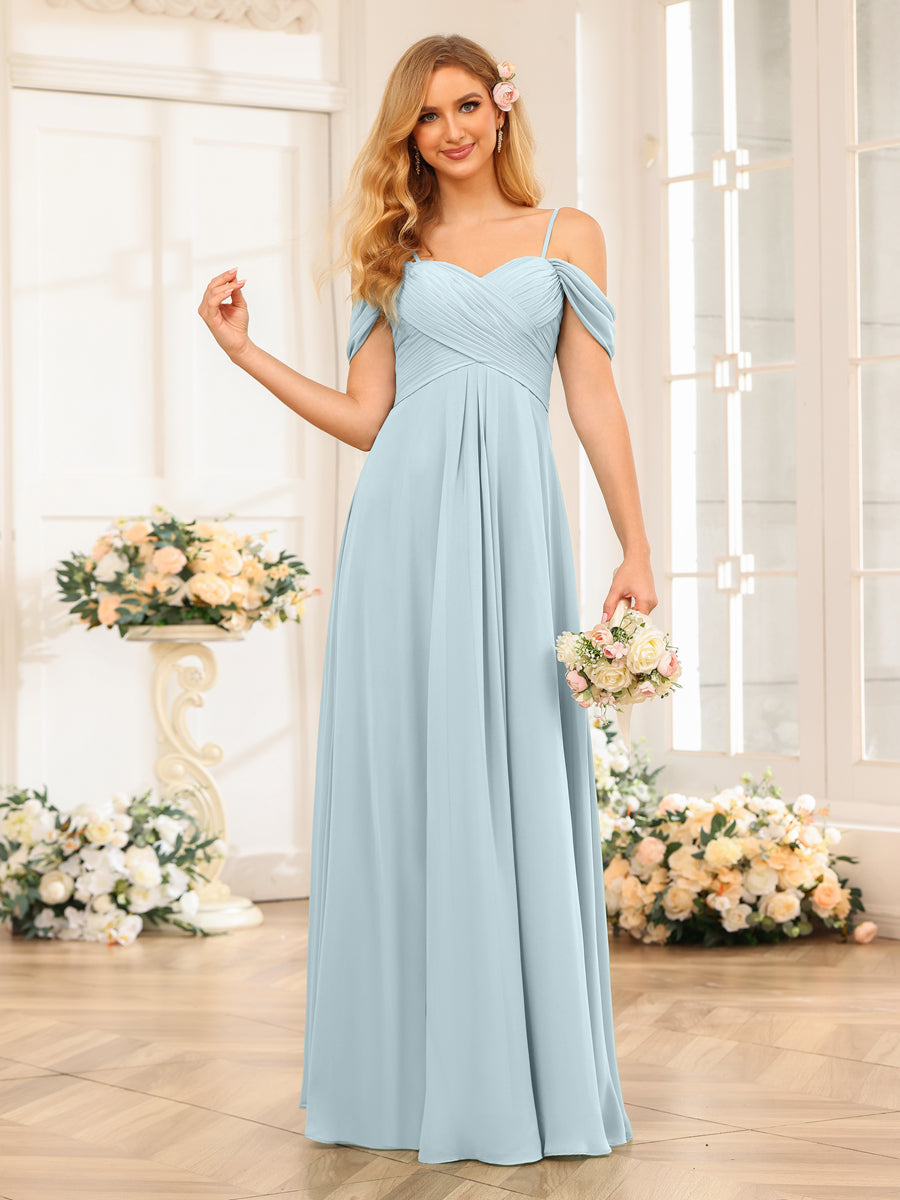 A-Line/Princess Spaghetti Straps Long Wedding Party Dresses with Ruched Light Blue