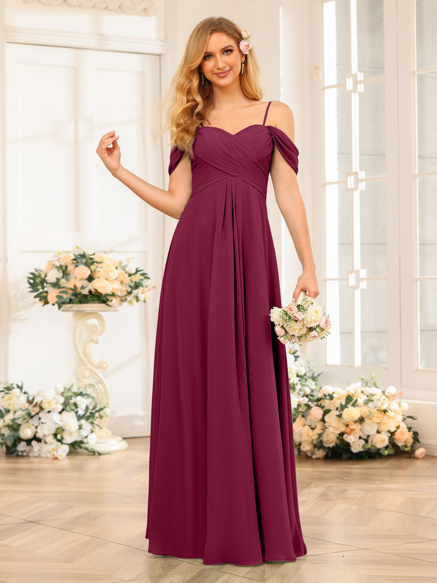 A-Line/Princess Spaghetti Straps Long Wedding Party Dresses with Ruched Light Burgundy