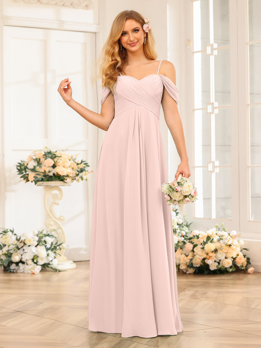 A-Line/Princess Spaghetti Straps Long Wedding Party Dresses with Ruched Light Pink