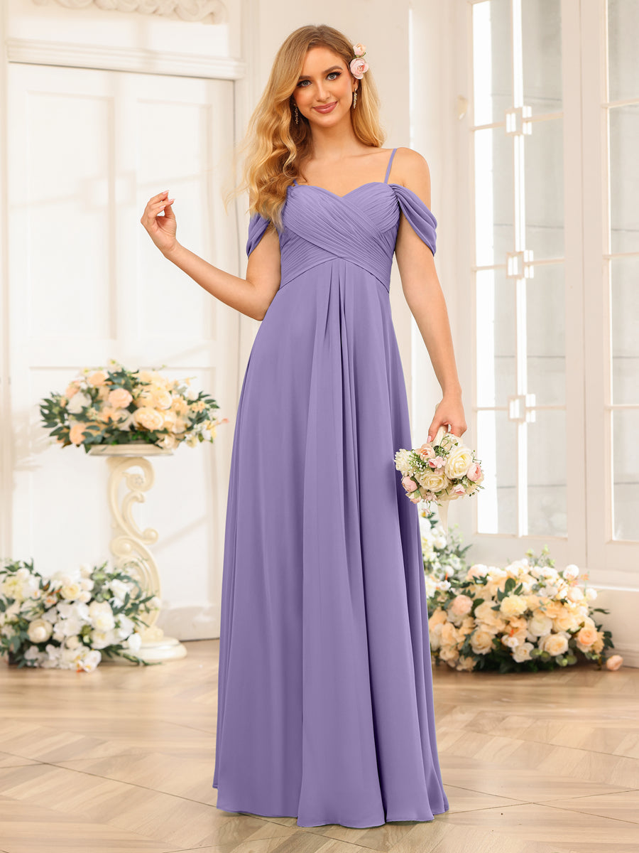 A-Line/Princess Spaghetti Straps Long Wedding Party Dresses with Ruched Light Purple
