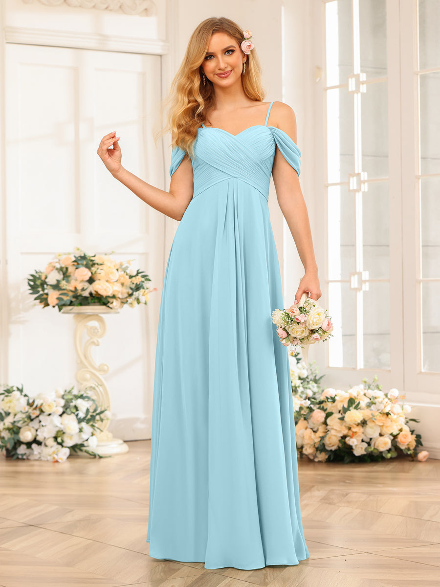 A-Line/Princess Spaghetti Straps Long Wedding Party Dresses with Ruched Light Sky Blue