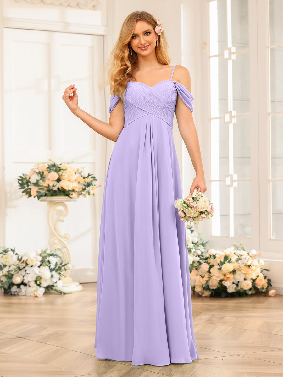 A-Line/Princess Spaghetti Straps Long Wedding Party Dresses with Ruched Lilac