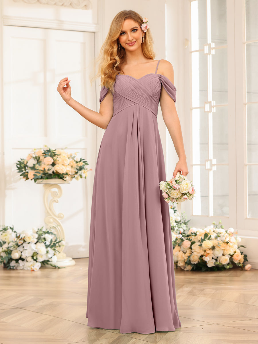 A-Line/Princess Spaghetti Straps Long Wedding Party Dresses with Ruched Mauve