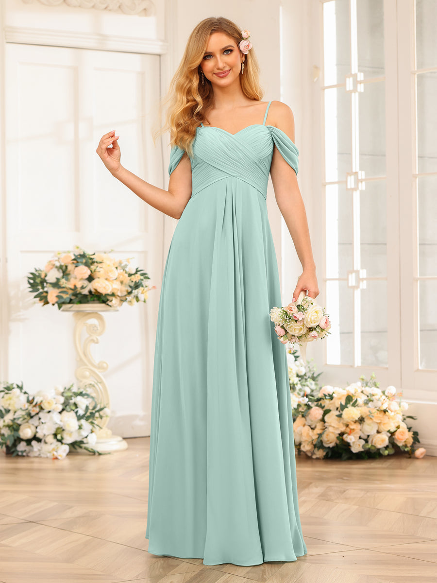 A-Line/Princess Spaghetti Straps Long Wedding Party Dresses with Ruched Mist Blue