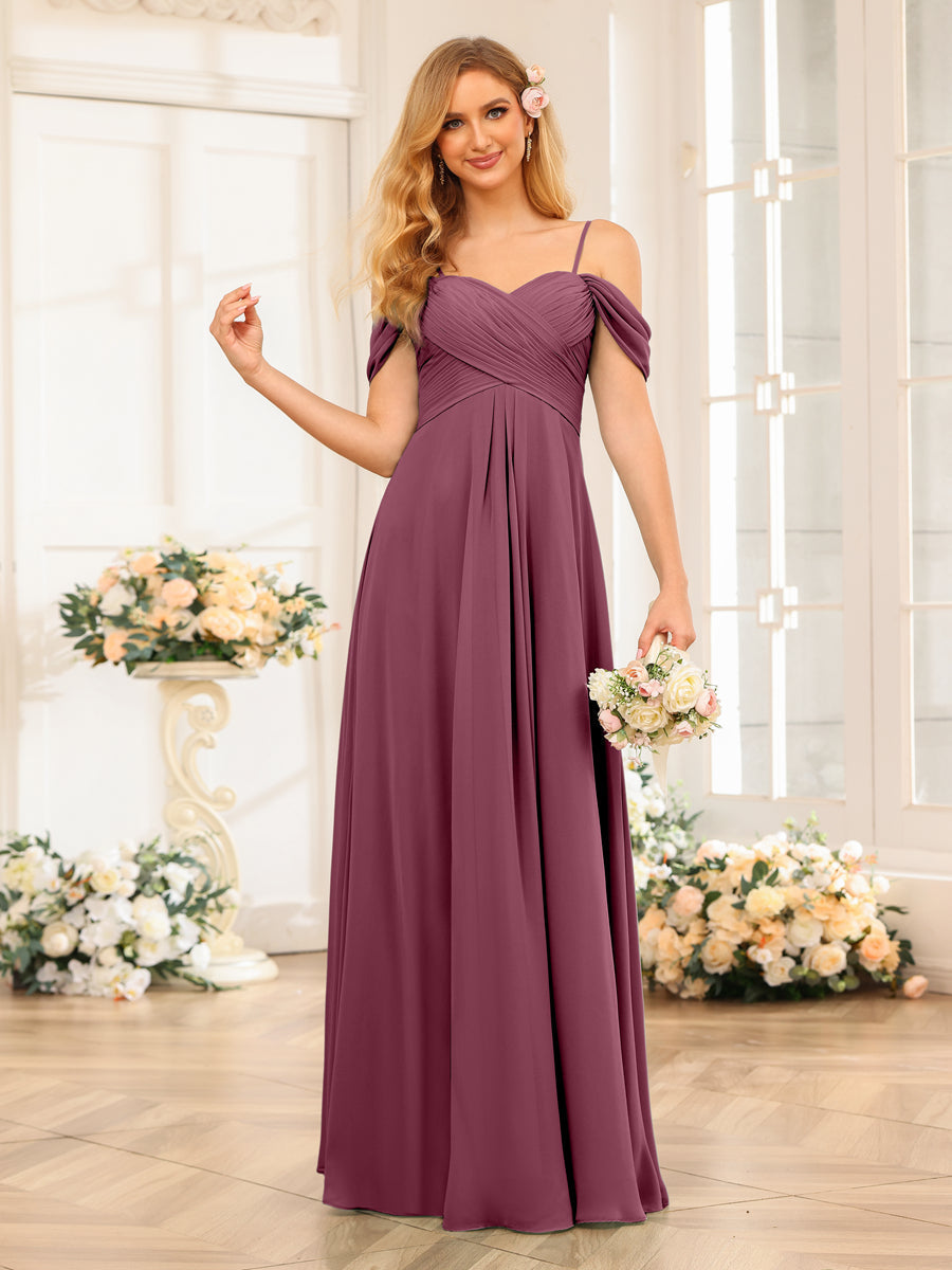 A-Line/Princess Spaghetti Straps Long Wedding Party Dresses with Ruched Mulberry