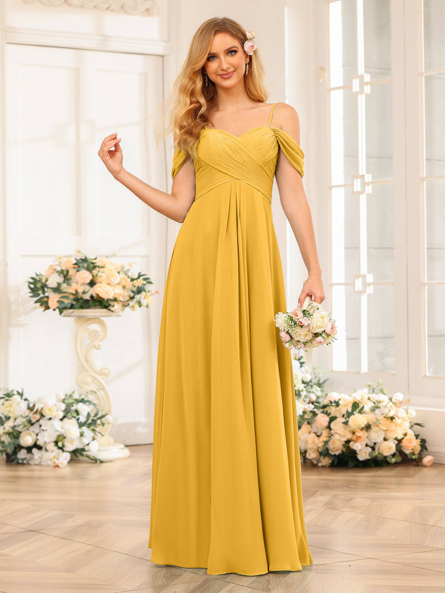 A-Line/Princess Spaghetti Straps Long Wedding Party Dresses with Ruched Mustard Yellow