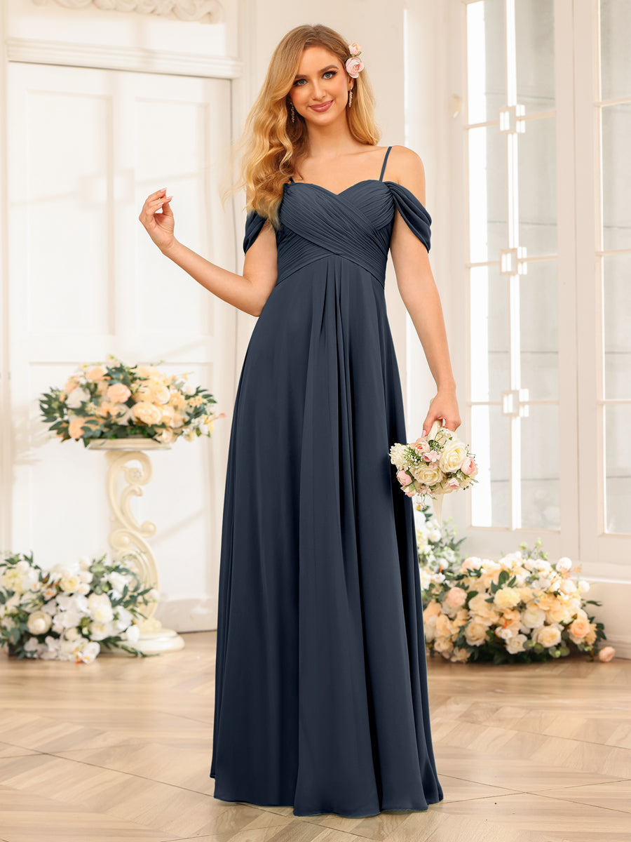 A-Line/Princess Spaghetti Straps Long Wedding Party Dresses with Ruched Navy Blue