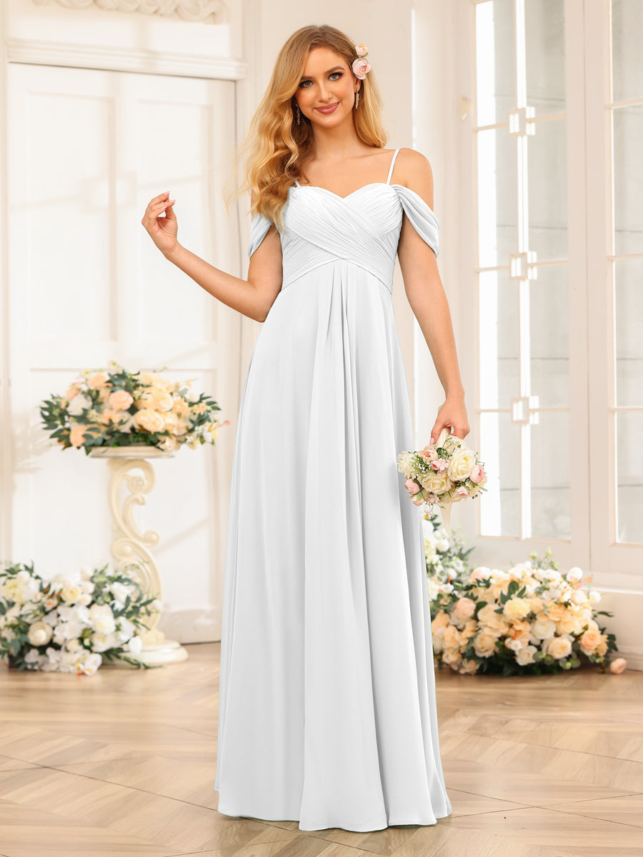 A-Line/Princess Spaghetti Straps Long Wedding Party Dresses with Ruched Off White