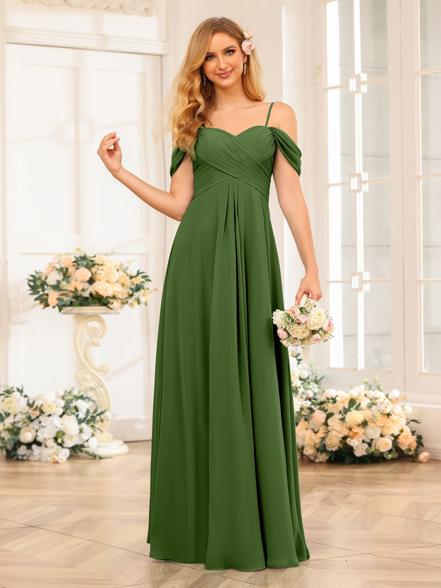 A-Line/Princess Spaghetti Straps Long Wedding Party Dresses with Ruched Olive Green