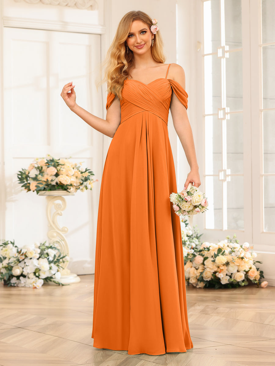 A-Line/Princess Spaghetti Straps Long Wedding Party Dresses with Ruched Orange