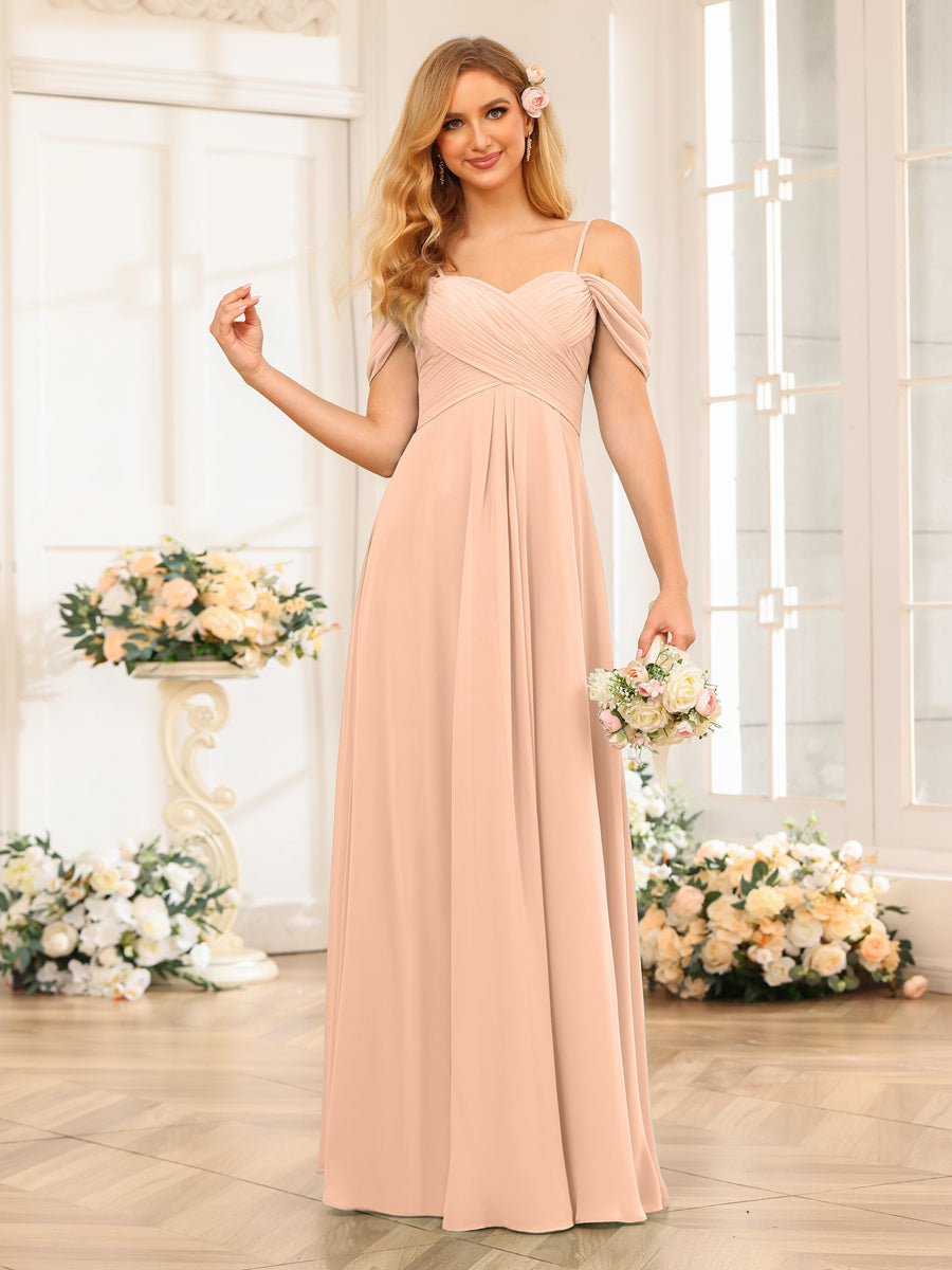 A-Line/Princess Spaghetti Straps Long Wedding Party Dresses with Ruched Peach Pink