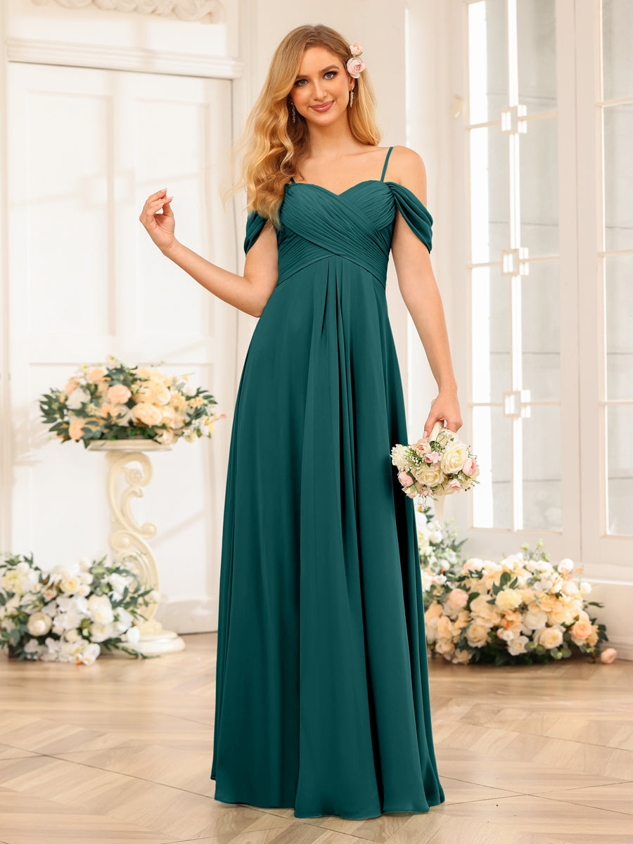 A-Line/Princess Spaghetti Straps Long Wedding Party Dresses with Ruched Peacock