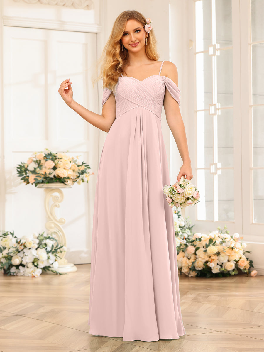 A-Line/Princess Spaghetti Straps Long Wedding Party Dresses with Ruched Pearl Pink