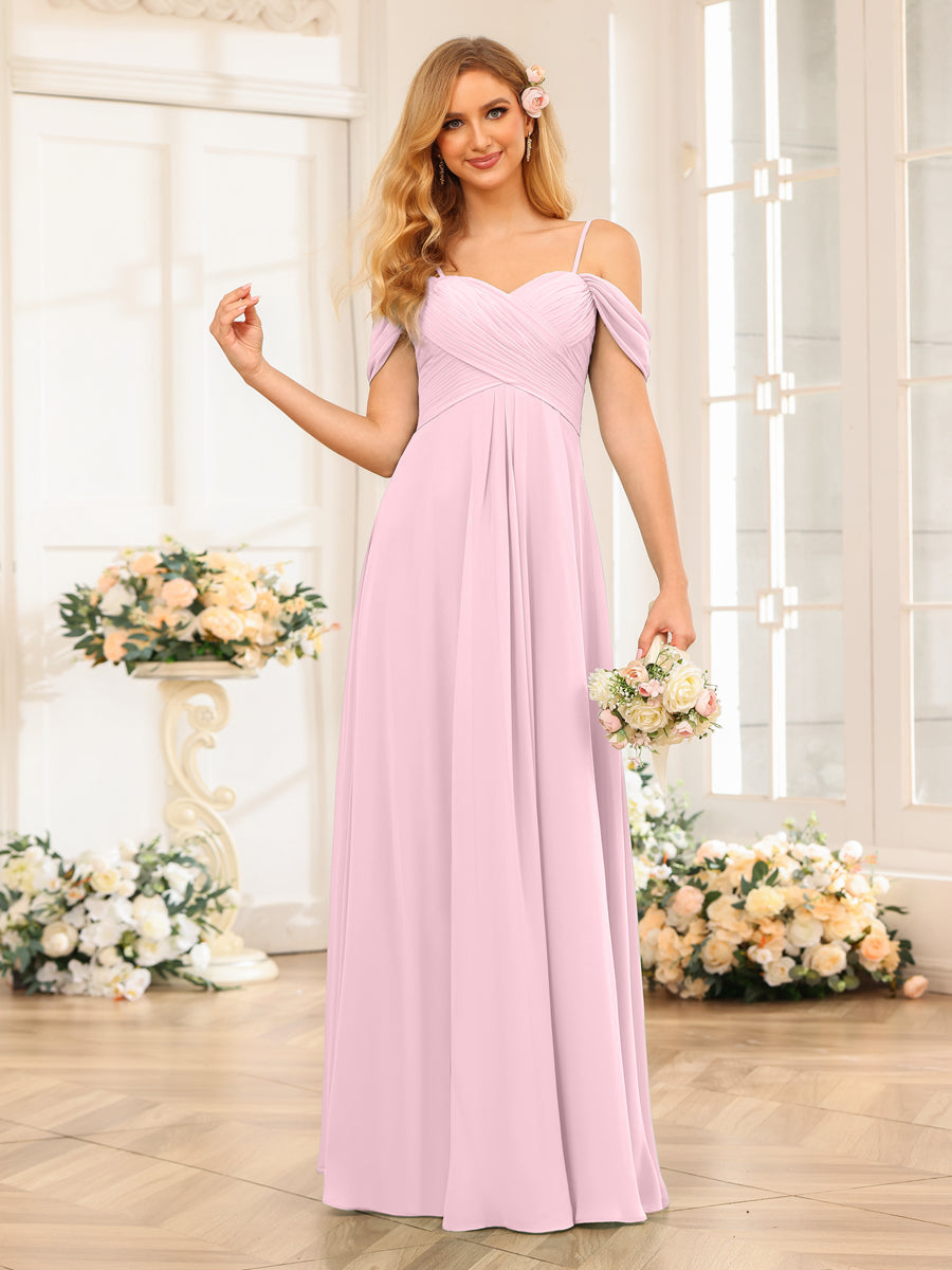 A-Line/Princess Spaghetti Straps Long Wedding Party Dresses with Ruched Pink