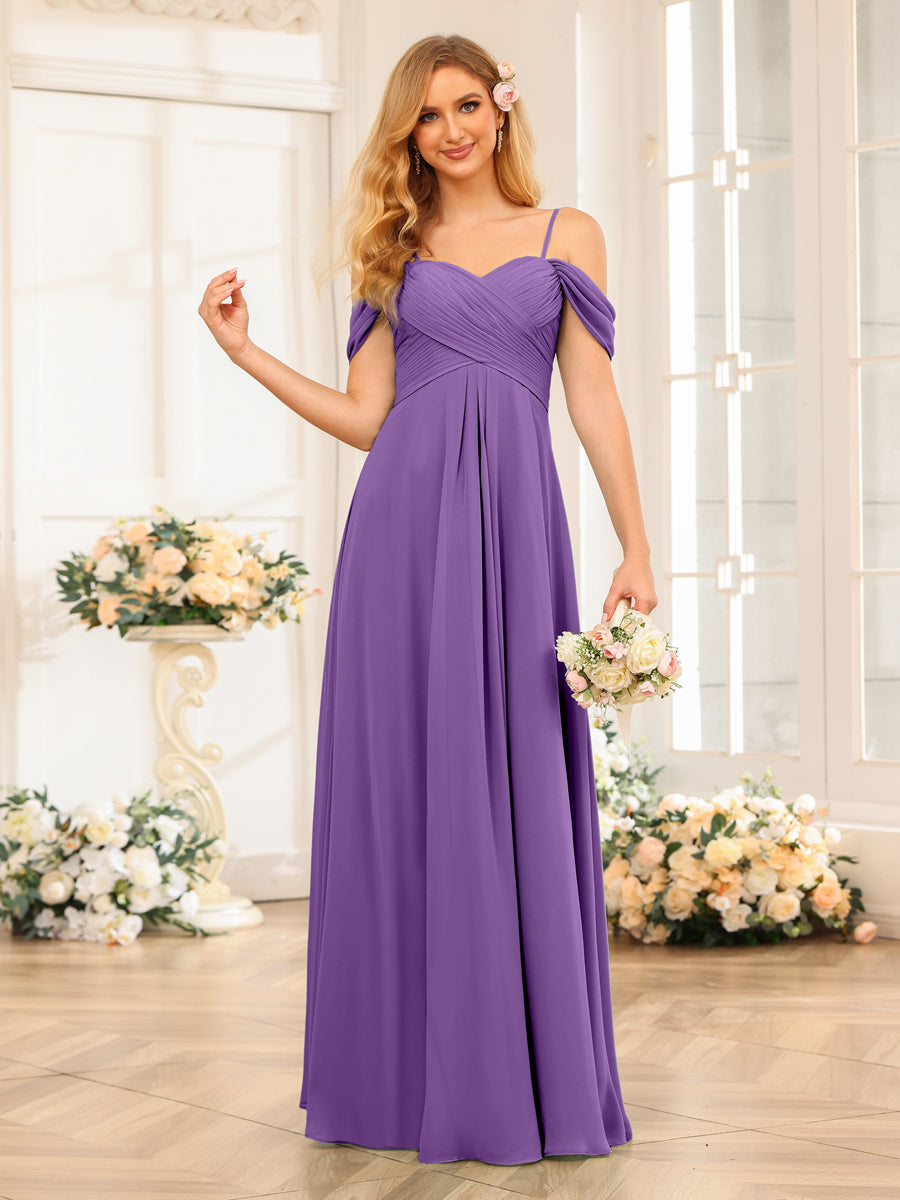 A-Line/Princess Spaghetti Straps Long Wedding Party Dresses with Ruched Purple