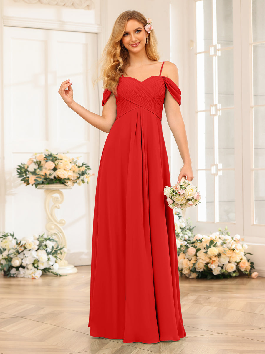 A-Line/Princess Spaghetti Straps Long Wedding Party Dresses with Ruched Red