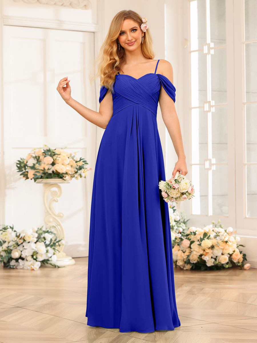 A-Line/Princess Spaghetti Straps Long Wedding Party Dresses with Ruched Royal Blue