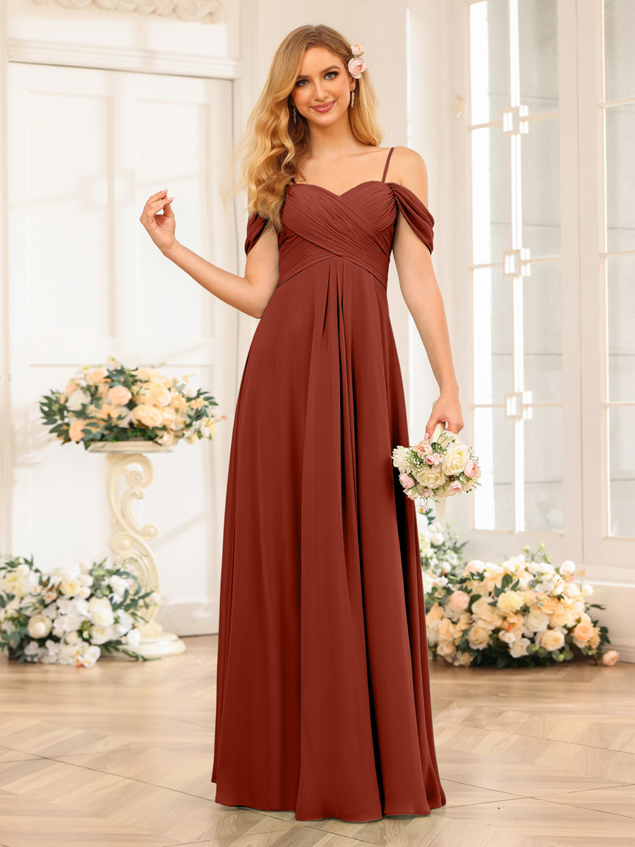A-Line/Princess Spaghetti Straps Long Wedding Party Dresses with Ruched Rust