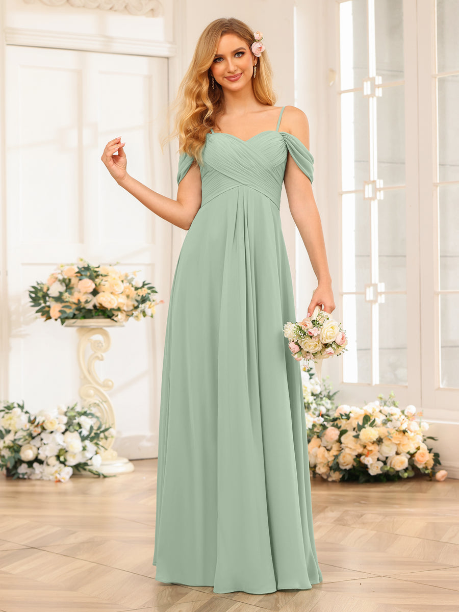 A-Line/Princess Spaghetti Straps Long Wedding Party Dresses with Ruched Sage