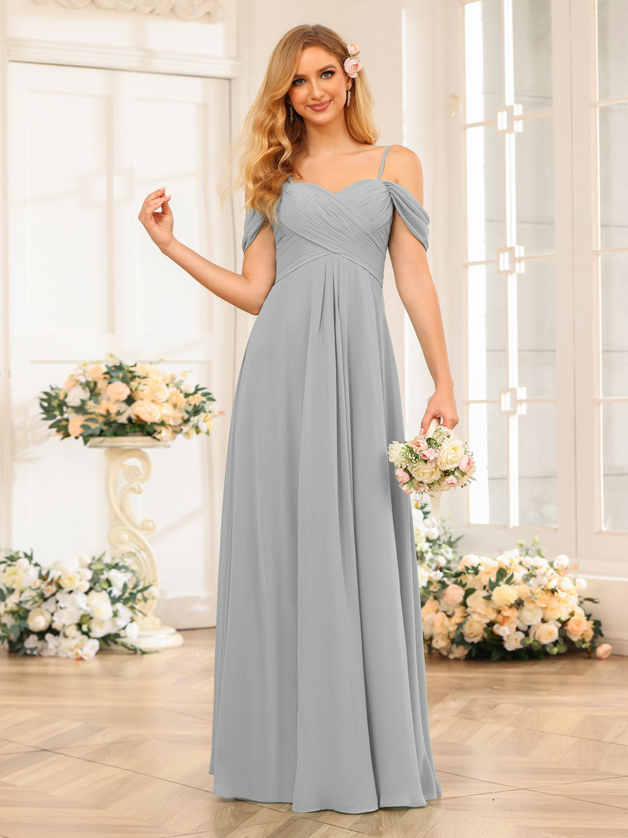 A-Line/Princess Spaghetti Straps Long Wedding Party Dresses with Ruched Silver