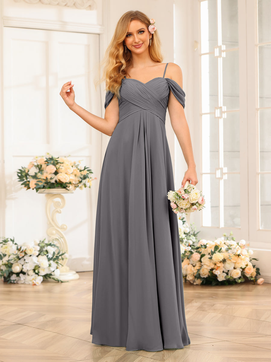 A-Line/Princess Spaghetti Straps Long Wedding Party Dresses with Ruched Silver Gray