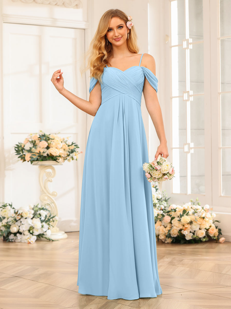 A-Line/Princess Spaghetti Straps Long Wedding Party Dresses with Ruched Sky Blue
