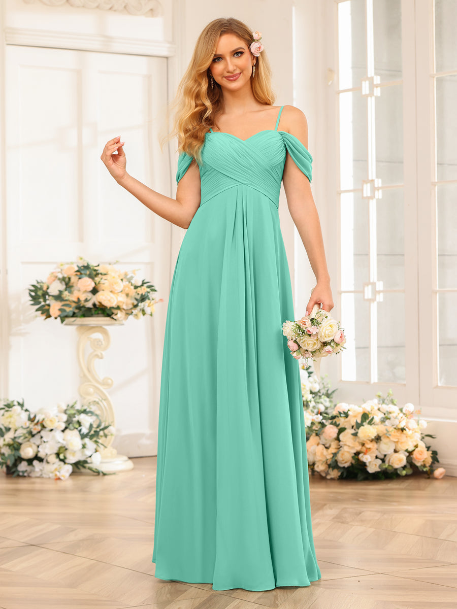 A-Line/Princess Spaghetti Straps Long Wedding Party Dresses with Ruched Spa
