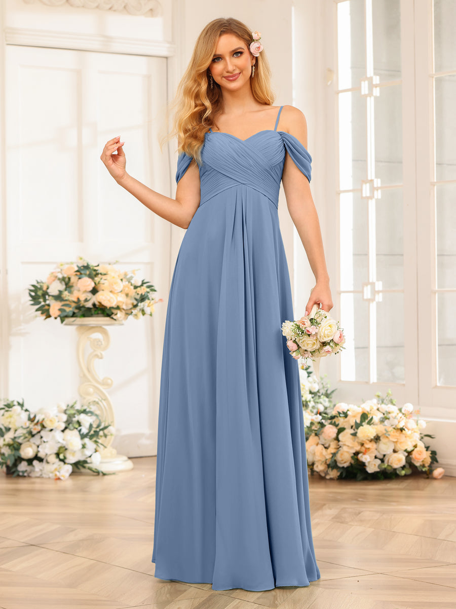 A-Line/Princess Spaghetti Straps Long Wedding Party Dresses with Ruched Steel Blue