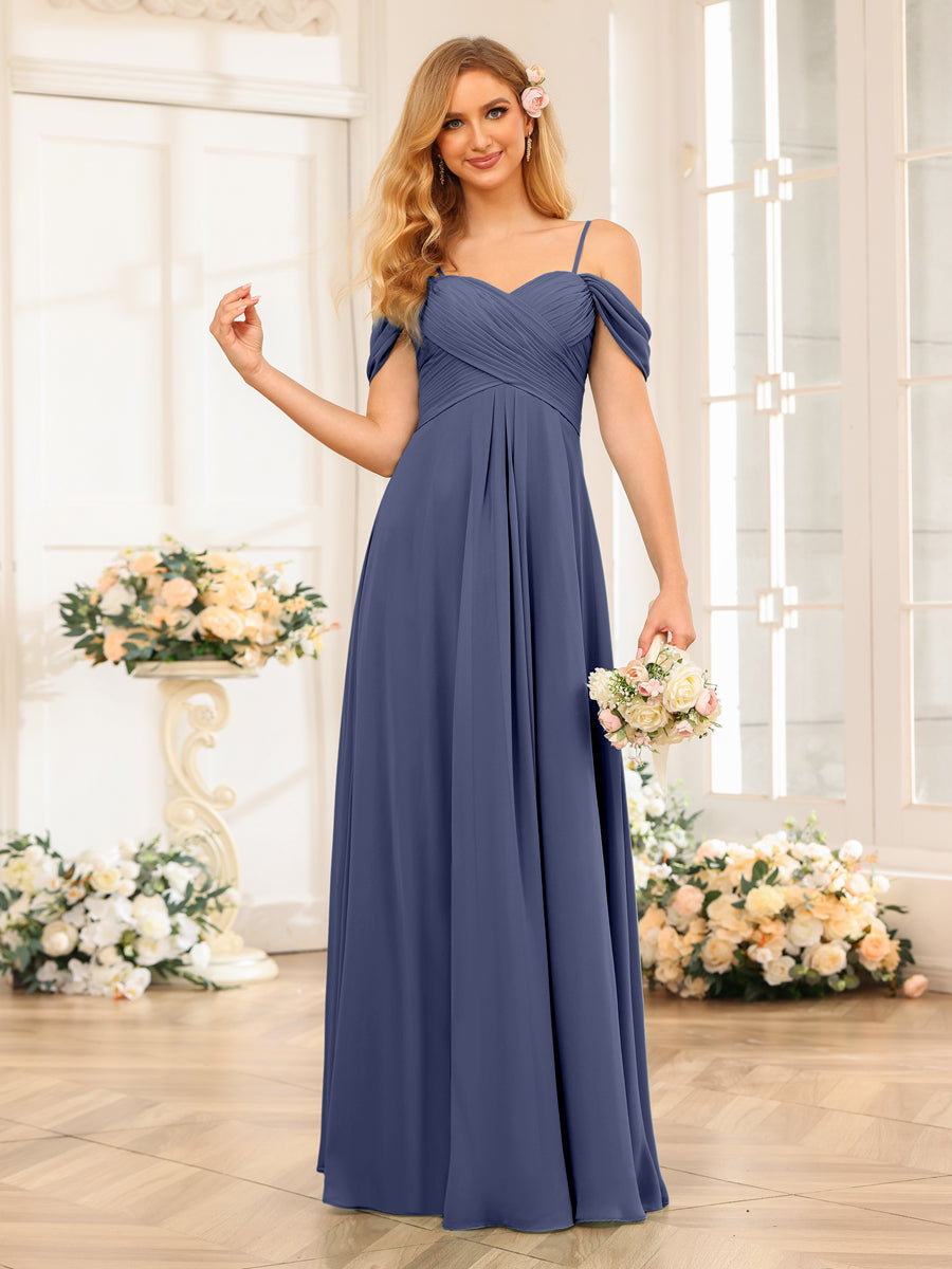 A-Line/Princess Spaghetti Straps Long Wedding Party Dresses with Ruched Stormy Blue
