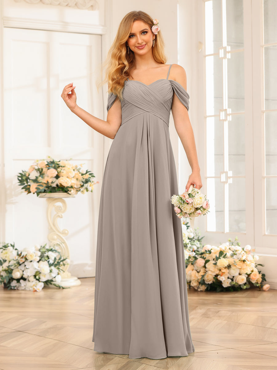 A-Line/Princess Spaghetti Straps Long Wedding Party Dresses with Ruched Taupe