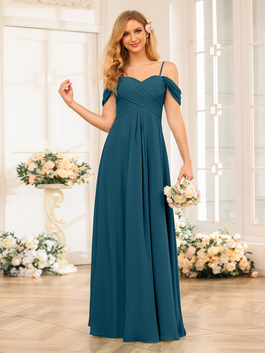 A-Line/Princess Spaghetti Straps Long Wedding Party Dresses with Ruched Teal