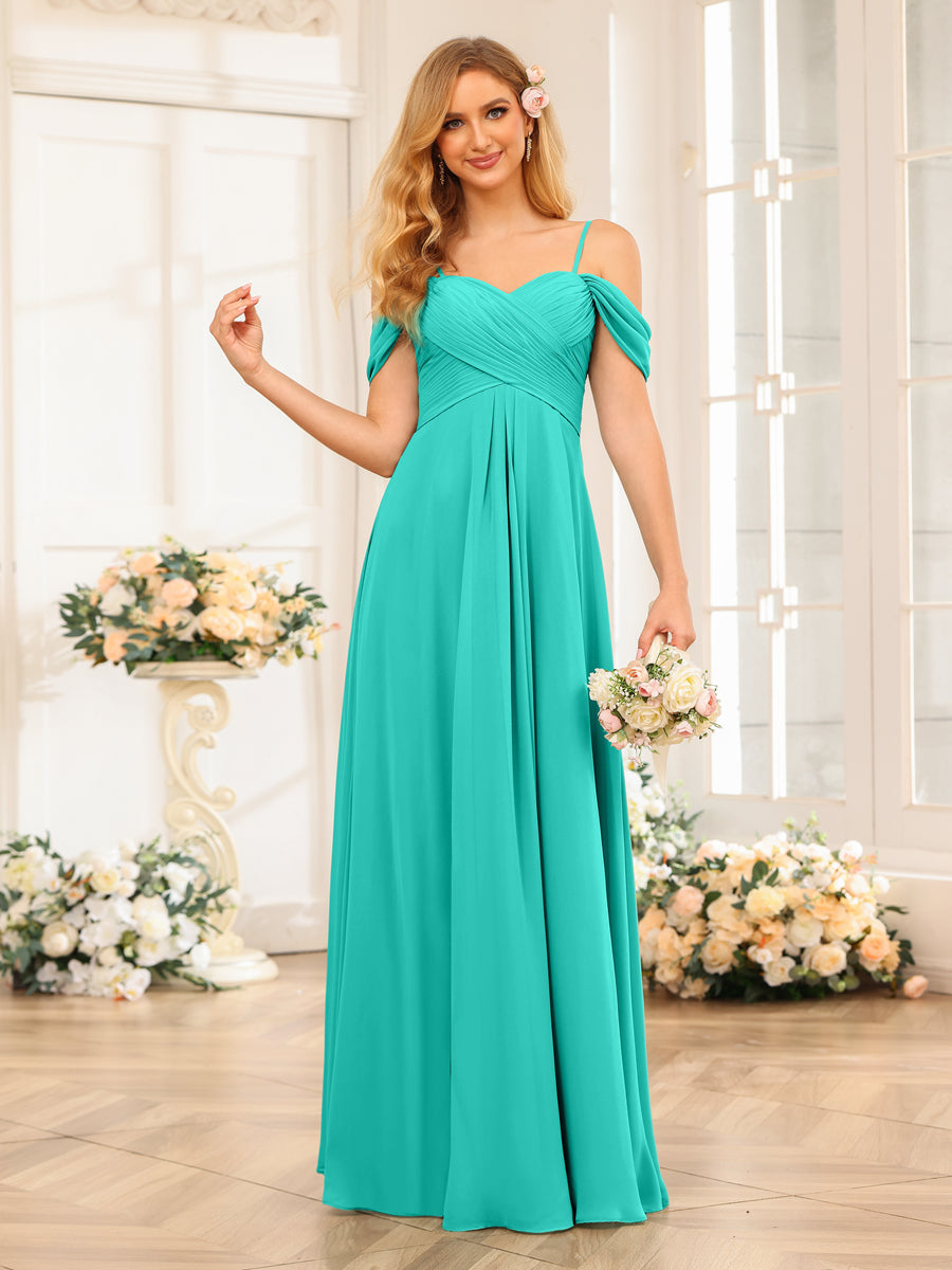 A-Line/Princess Spaghetti Straps Long Wedding Party Dresses with Ruched Turquoise